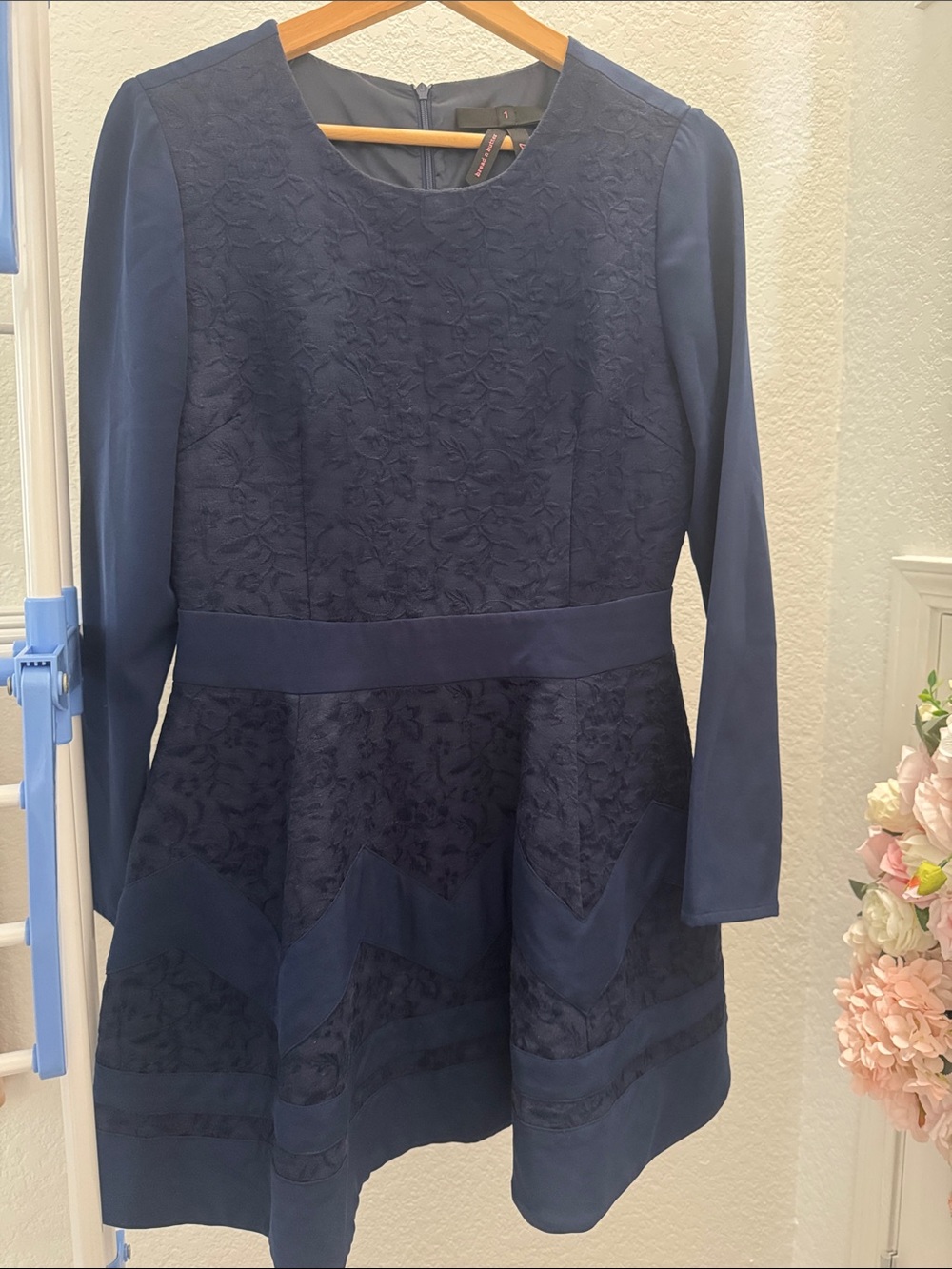 Girls' Navy Lace-Detail Long Sleeve Formal Dress